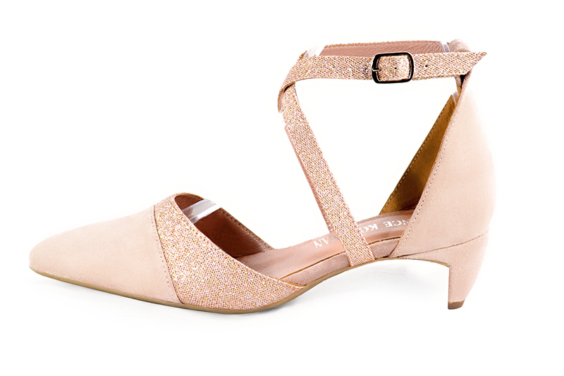 Powder pink women's open side shoes, with crossed straps. Tapered toe. Low comma heels. Profile view - Florence KOOIJMAN